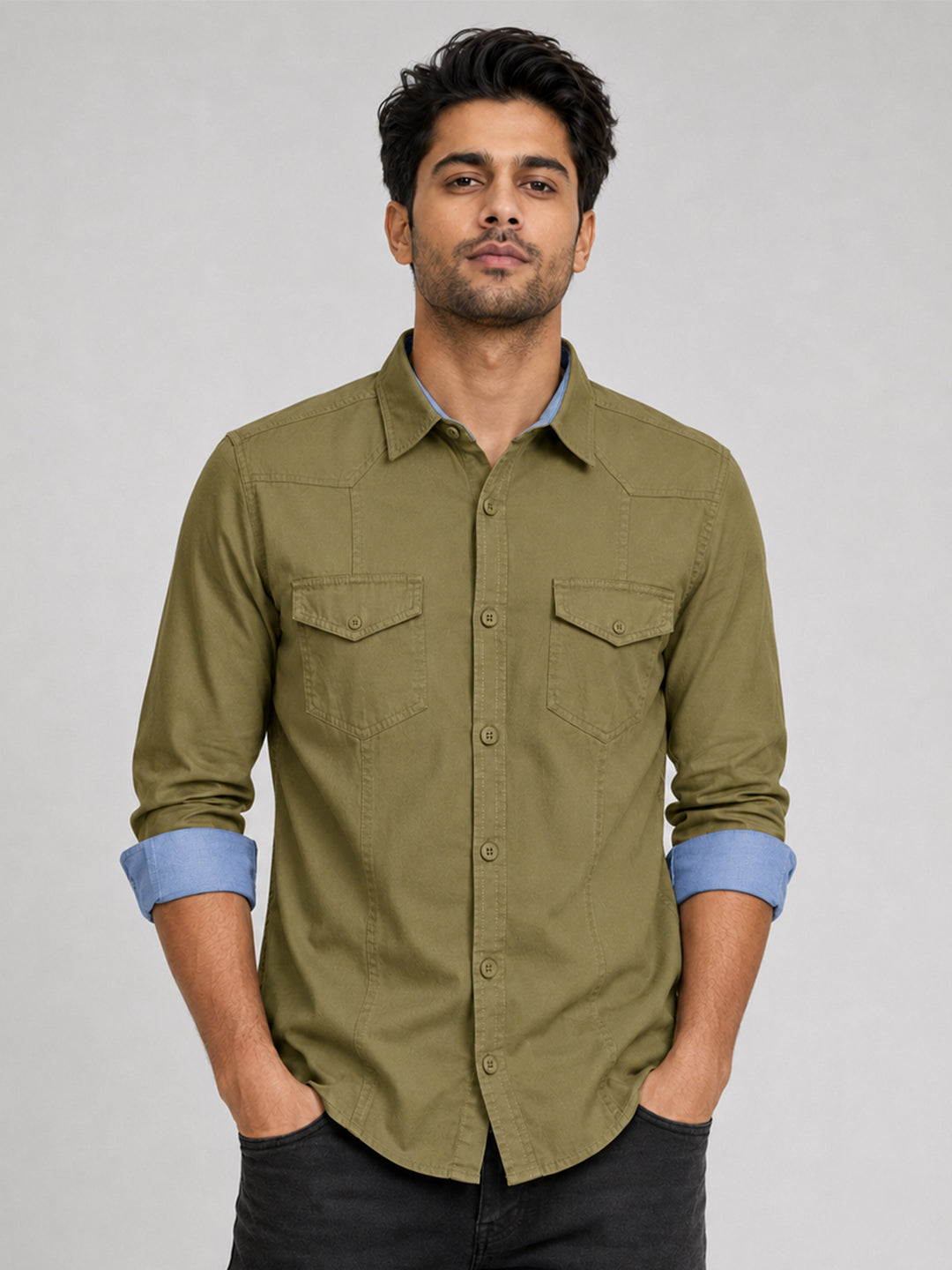 Pack Of 2 Cargo Style Wine & Olive Shirt