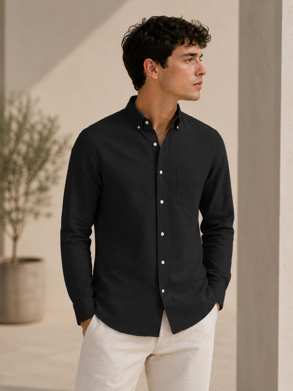 Black Linen Down Button