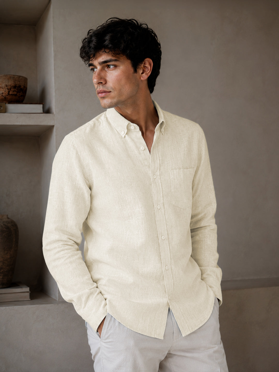 Off White Linen Down Button