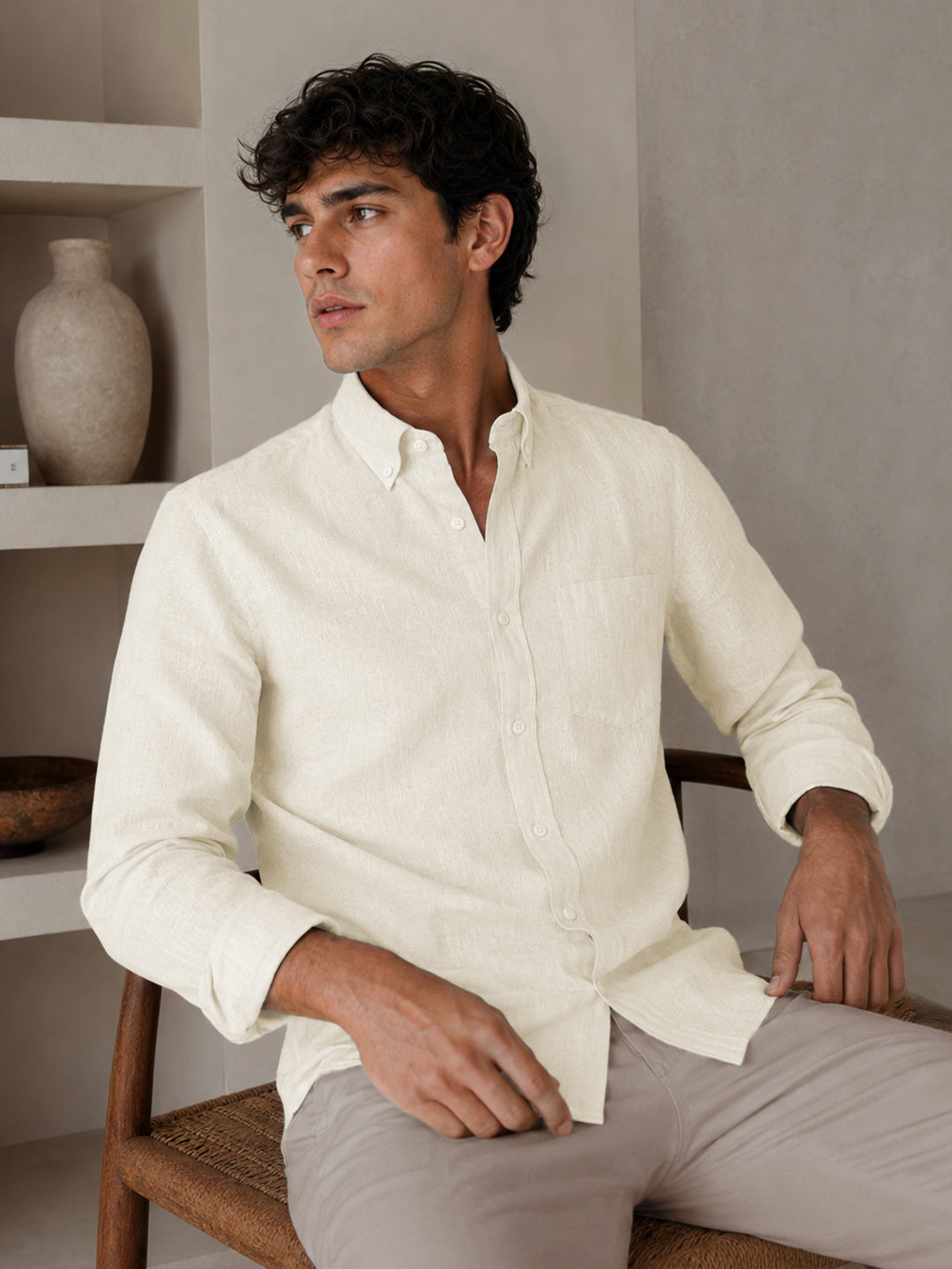 Off White Linen Down Button