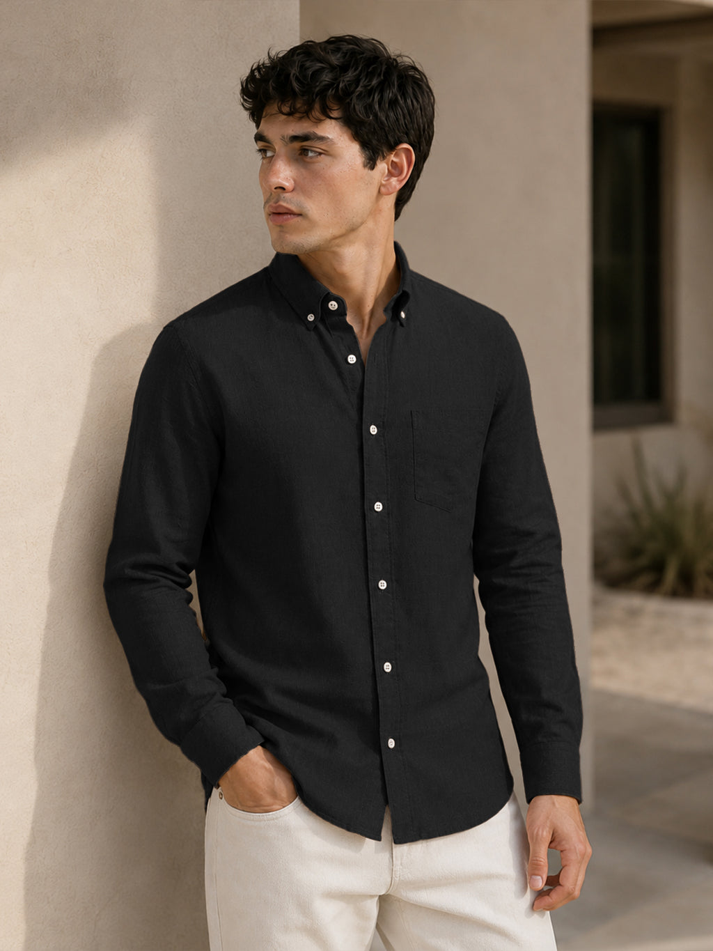 Black Linen Down Button