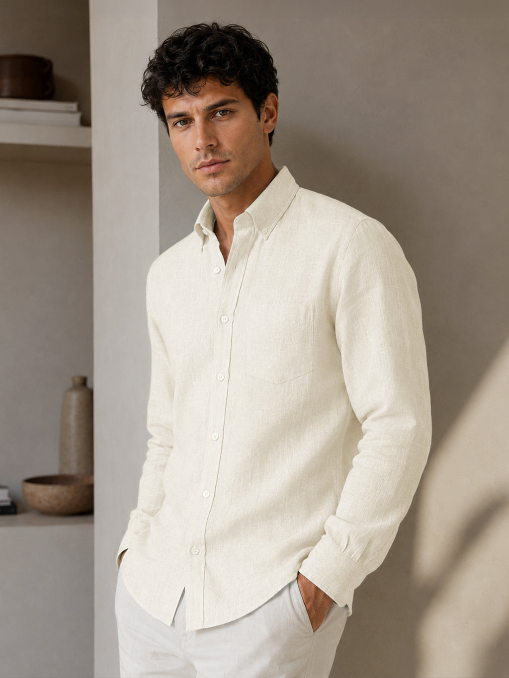 Off White Linen Down Button
