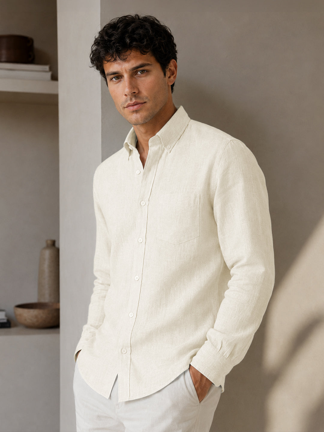 Off White Linen Down Button