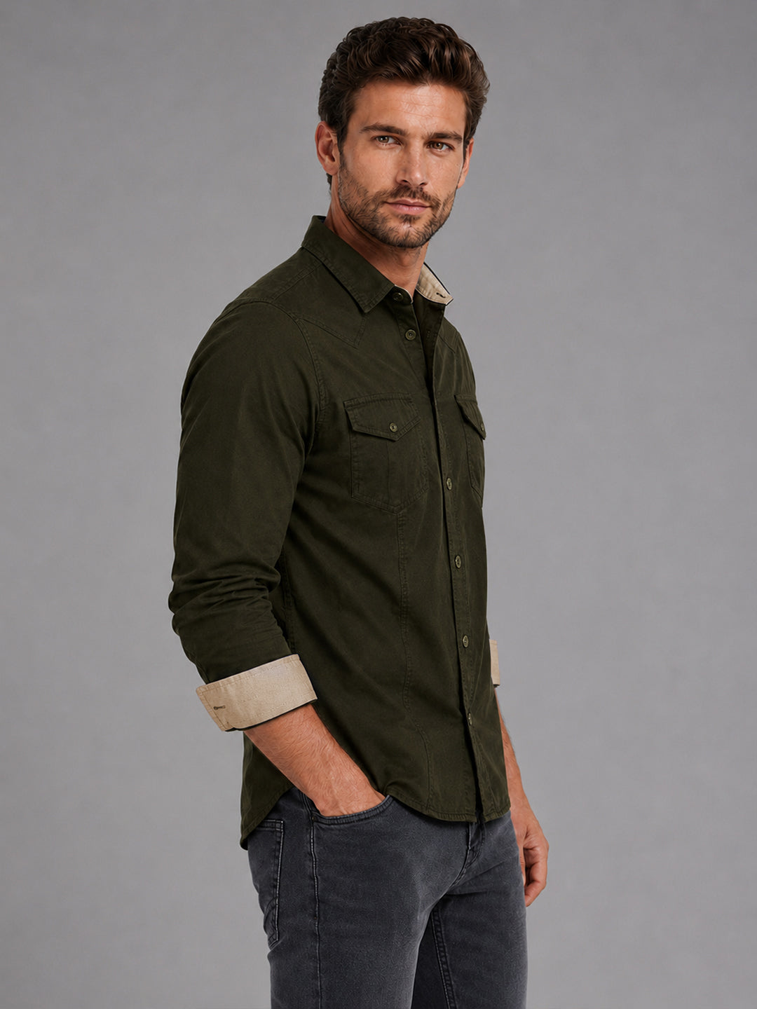 Pack Of 2 Cargo Style Khaki & Bottle Green Shirt