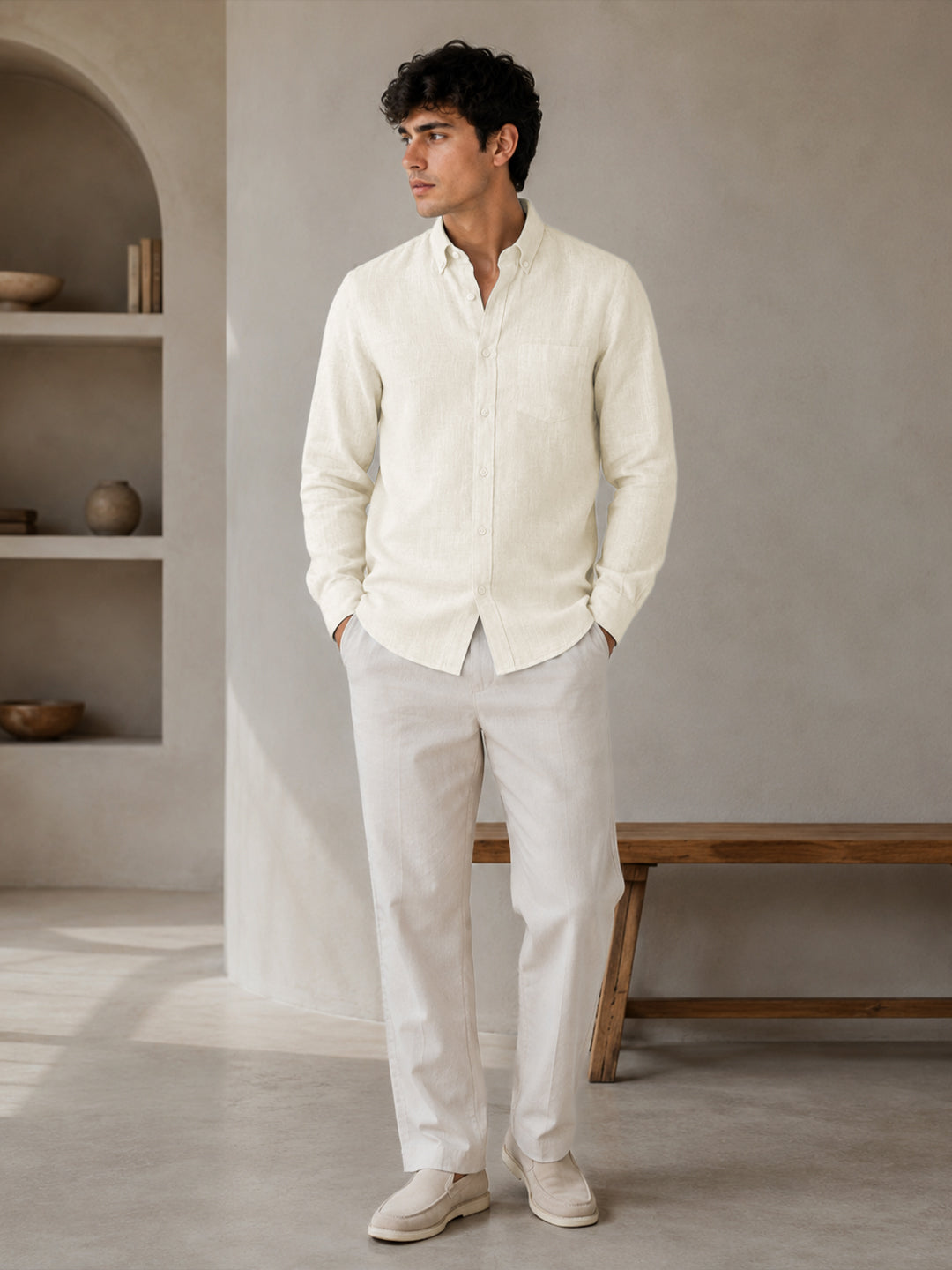 Off White Linen Down Button