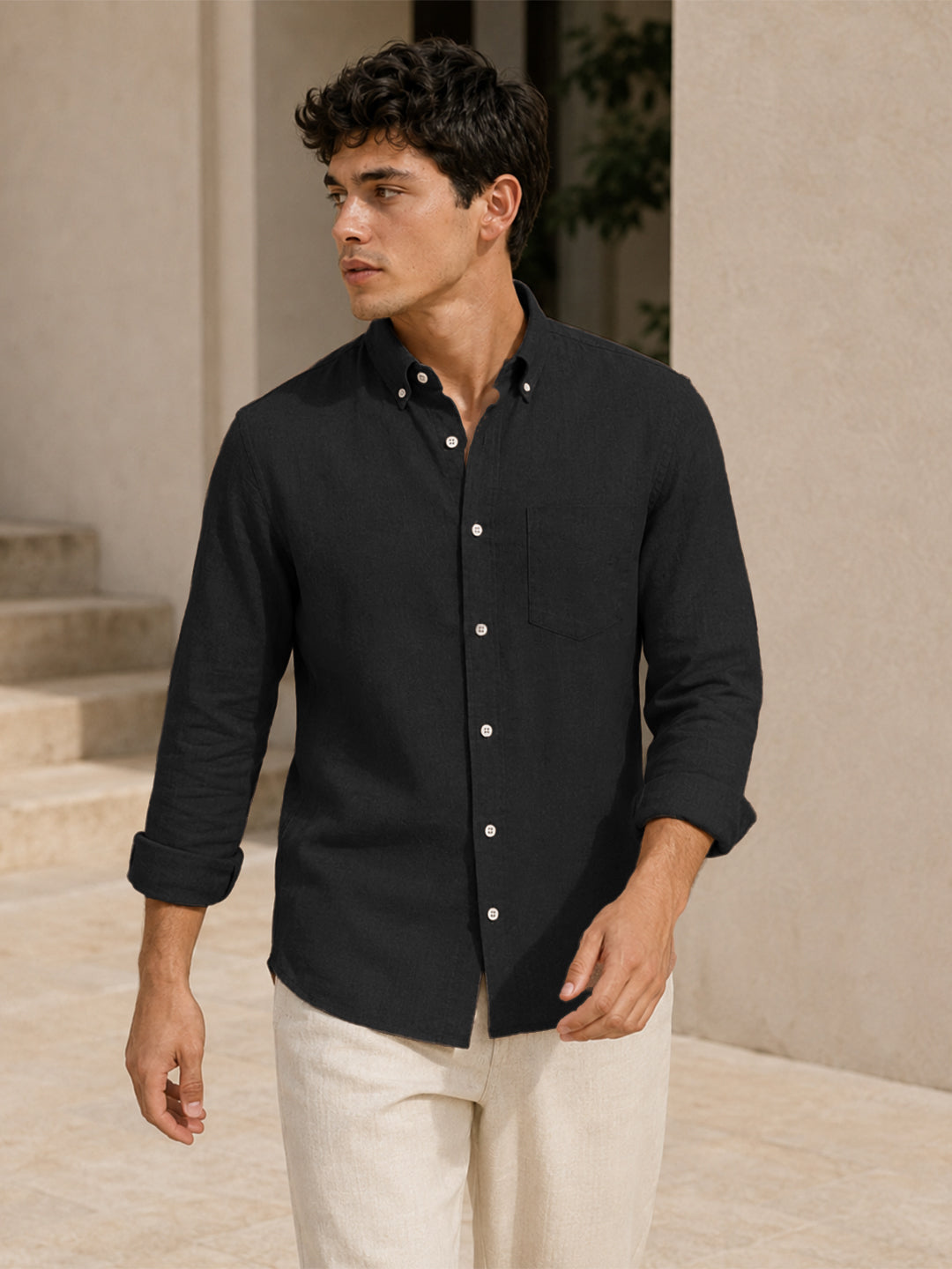 Black Linen Down Button