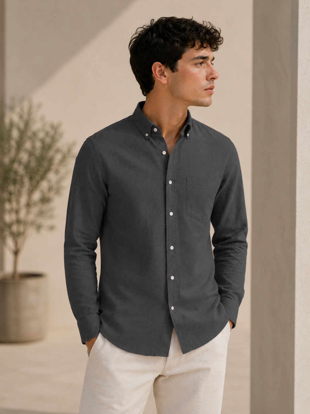 Dark Grey Linen Down Button