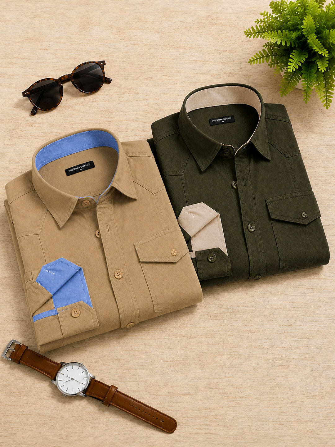 Pack Of 2 Cargo Style Beige & Bottle Green Shirt