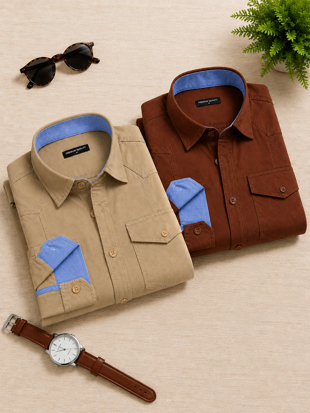 Pack Of 2 Cargo Style Beige & Brown Shirt