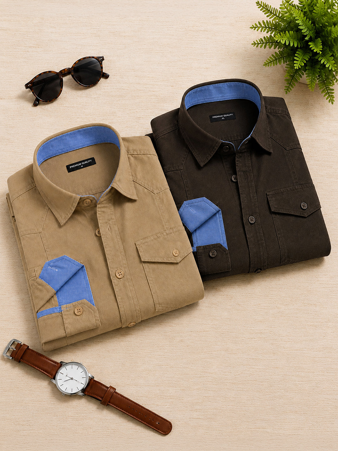 Pack Of 2 Cargo Style Beige & Dark Brown Shirt