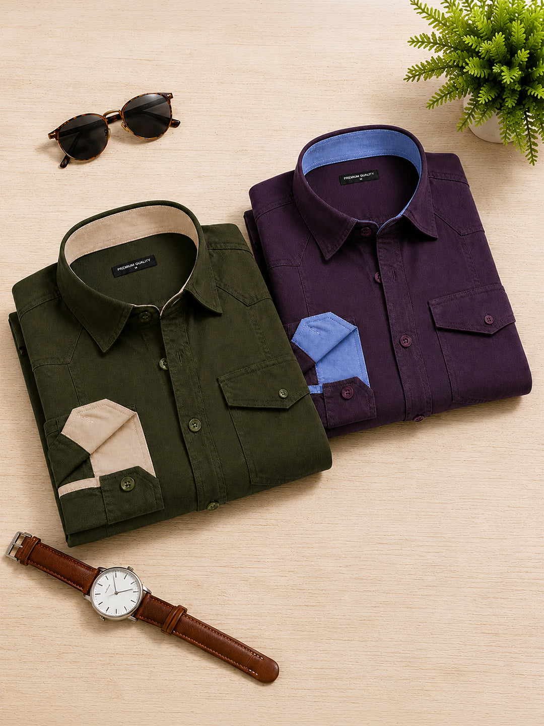 Pack Of 2 Cargo Style Bottle Green & Wine Shirt