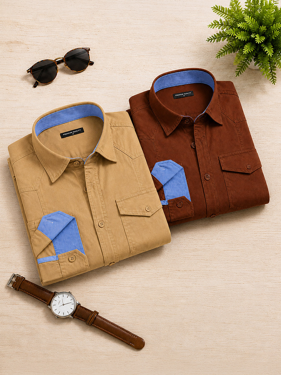 Pack Of 2 Cargo Style Cream & Brown Shirt