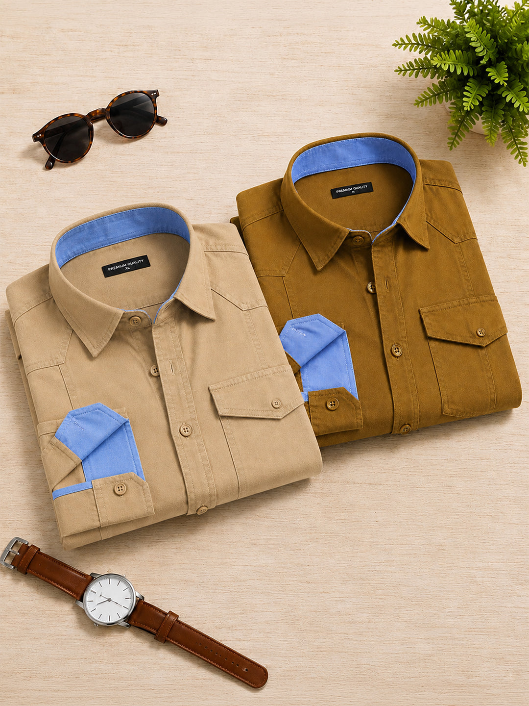 Pack Of 2 Cargo Style Cream & Mehendi Shirt