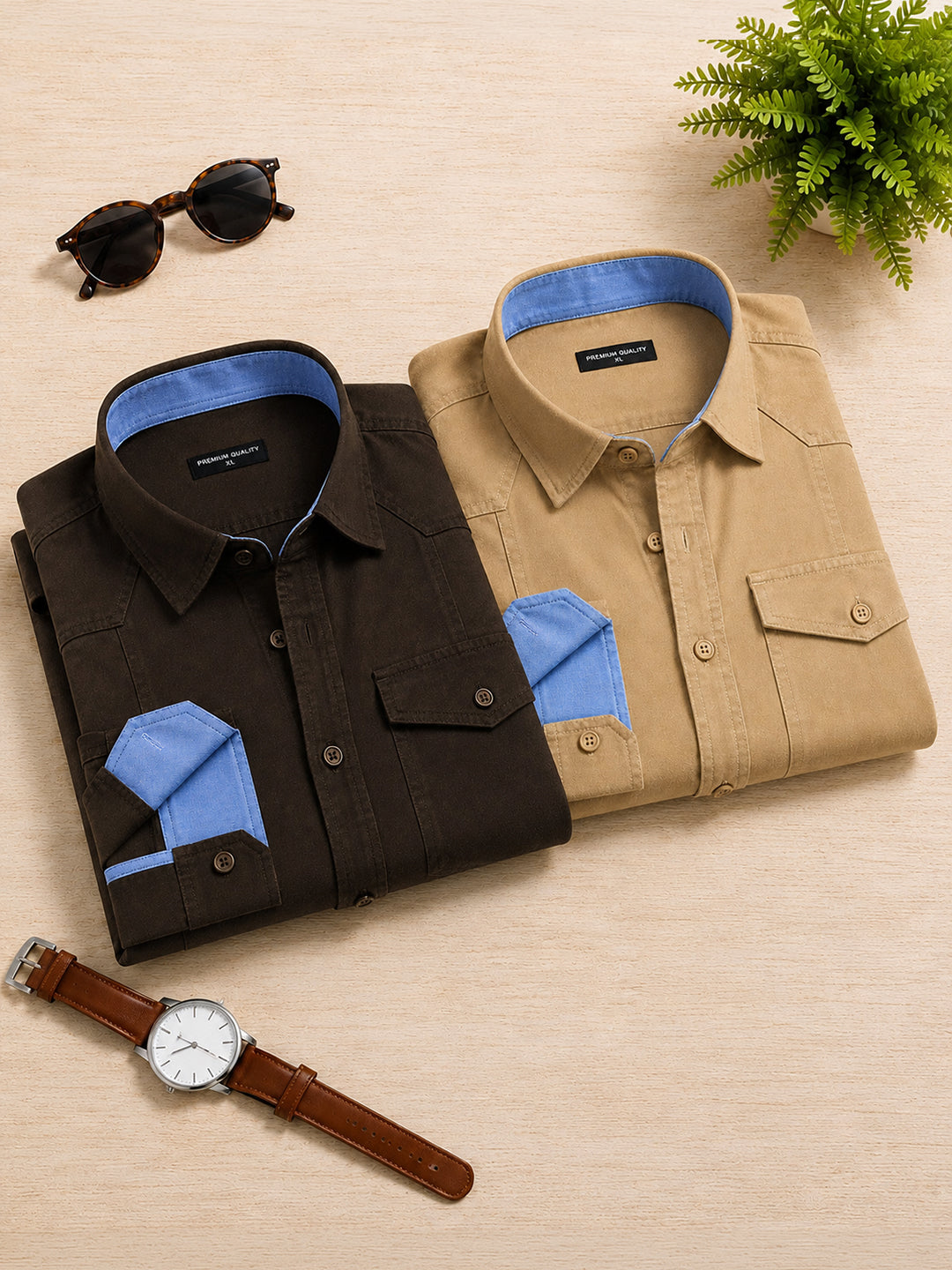Pack Of 2 Cargo Style Dark Brown & Cream Shirt