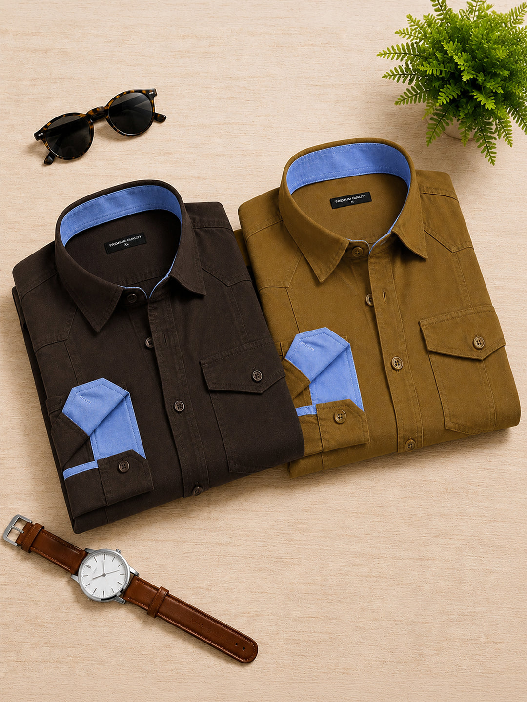 Pack Of 2 Cargo Style Dark Brown & Mehendi Shirt