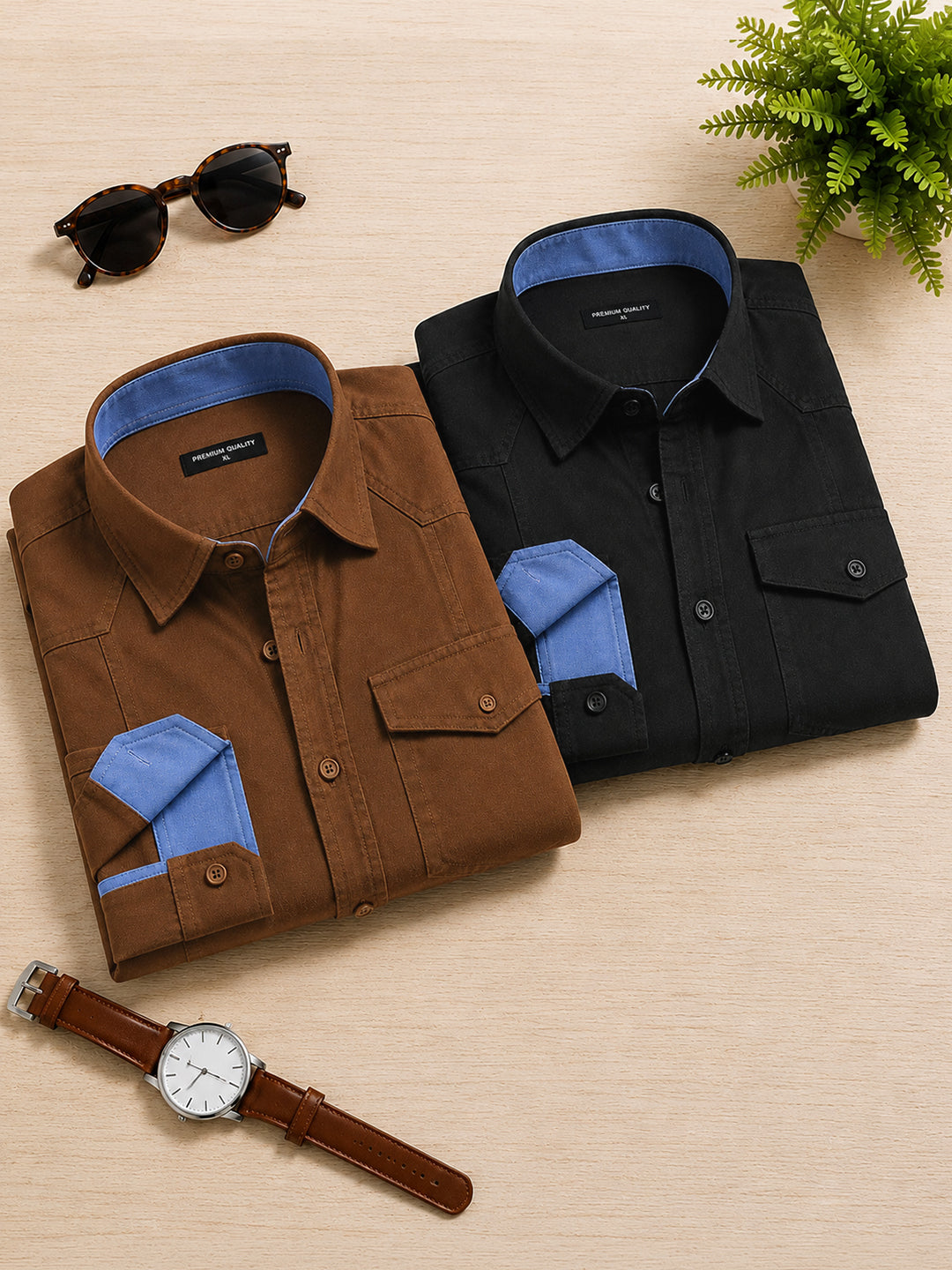 Pack Of 2 Cargo Style Dusty Brown & Black Shirt