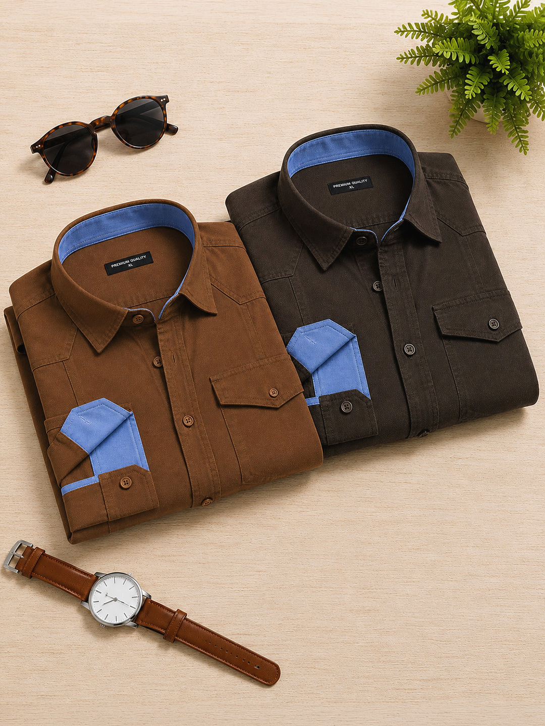 Pack Of 2 Cargo Style Dusty Brown & Dark Brown Shirt