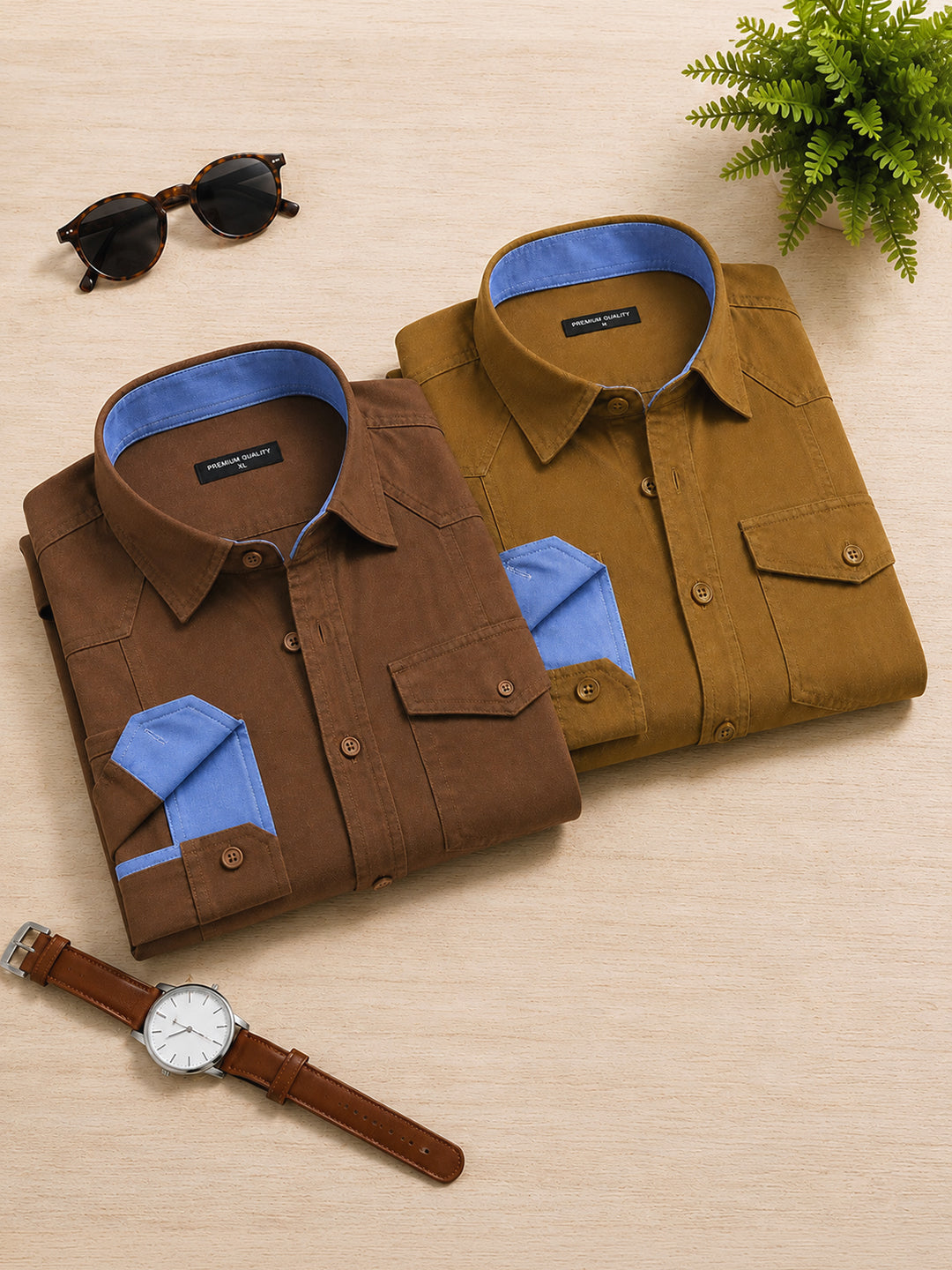 Pack Of 2 Cargo Style Dusty Brown & Mehendi Shirt