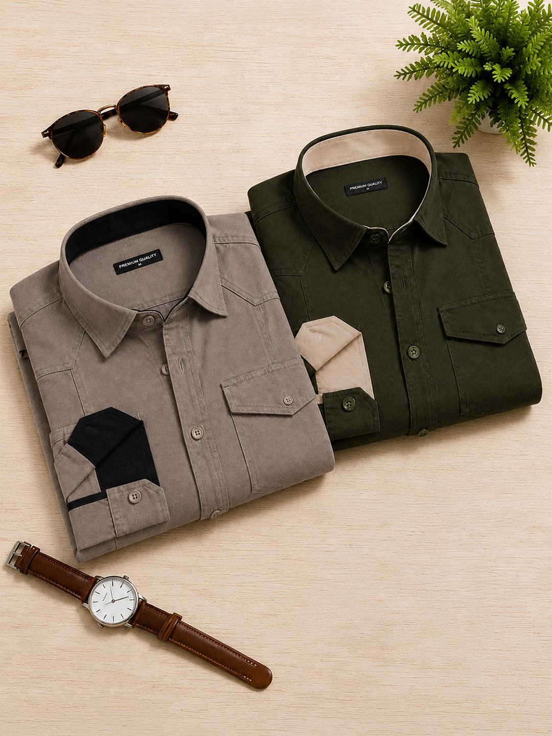 Pack Of 2 Cargo Style Khaki & Bottle Green Shirt