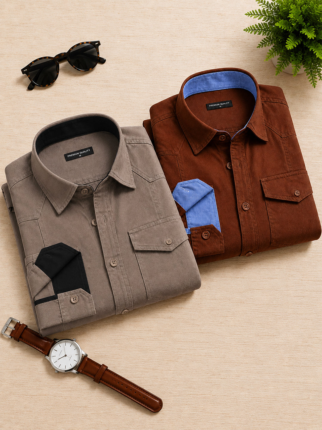 Pack Of 2 Cargo Style Brown & Khaki Shirt