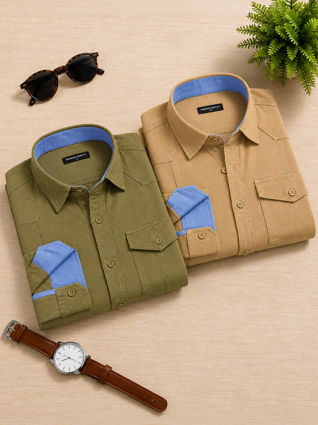 Pack Of 2 Cargo Style Olive & Cream Shirt