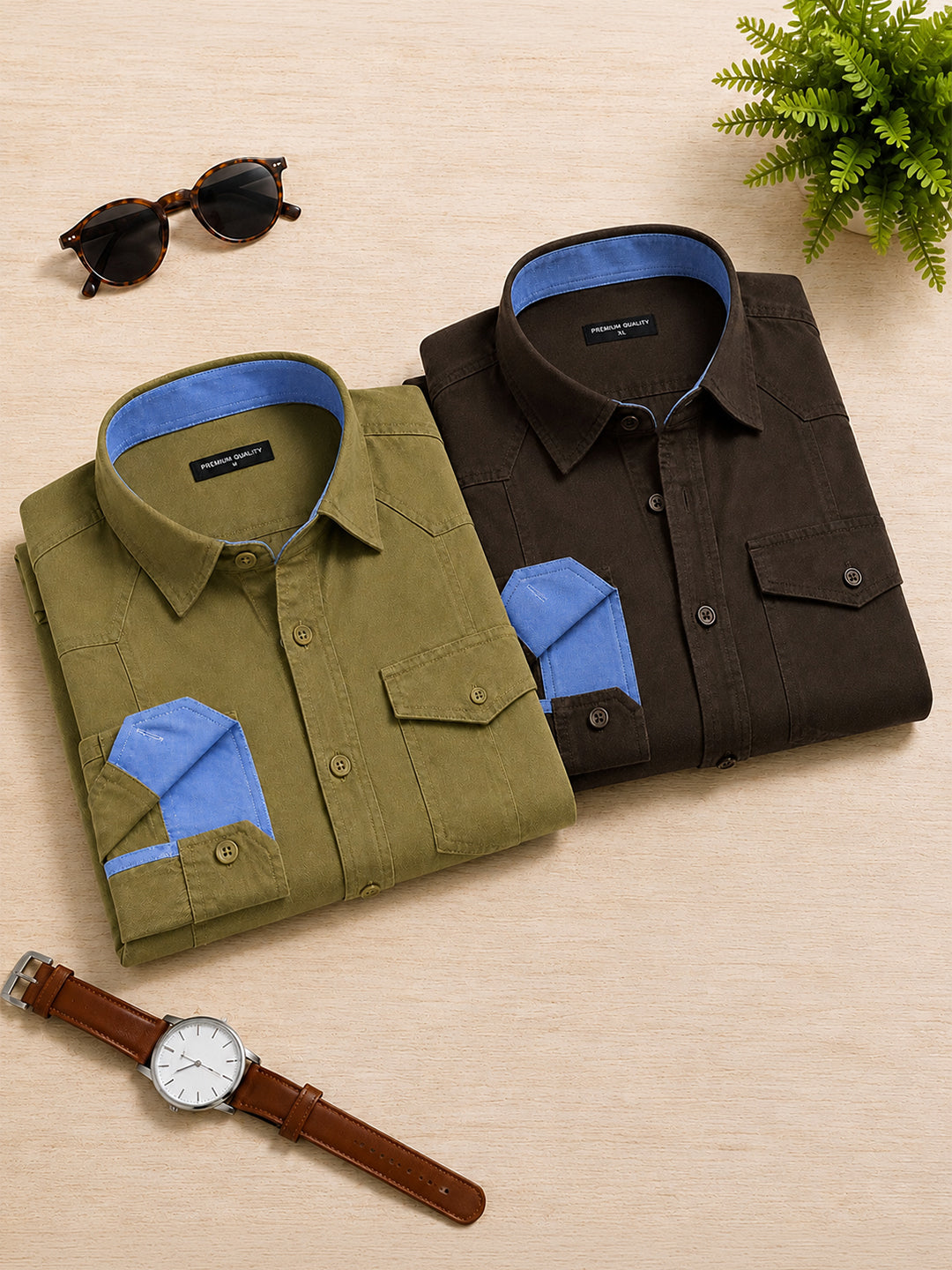 Pack Of 2 Cargo Style Olive & Dark Brown Shirt