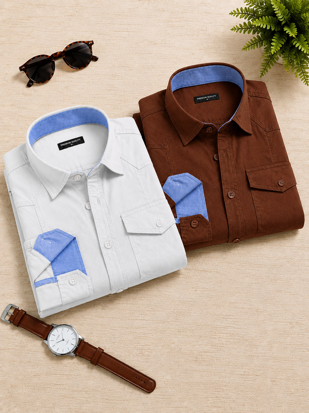 Pack Of 2 Cargo Style White & Brown Shirt