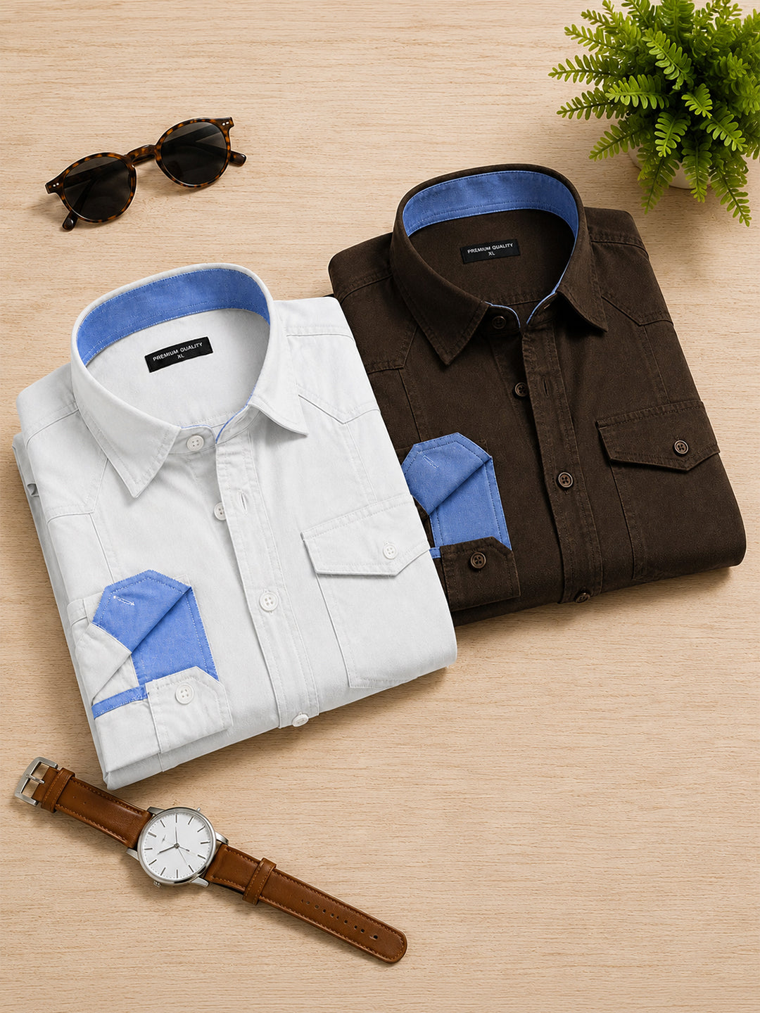 Pack Of 2 Cargo Style White & Dark Brown Shirt