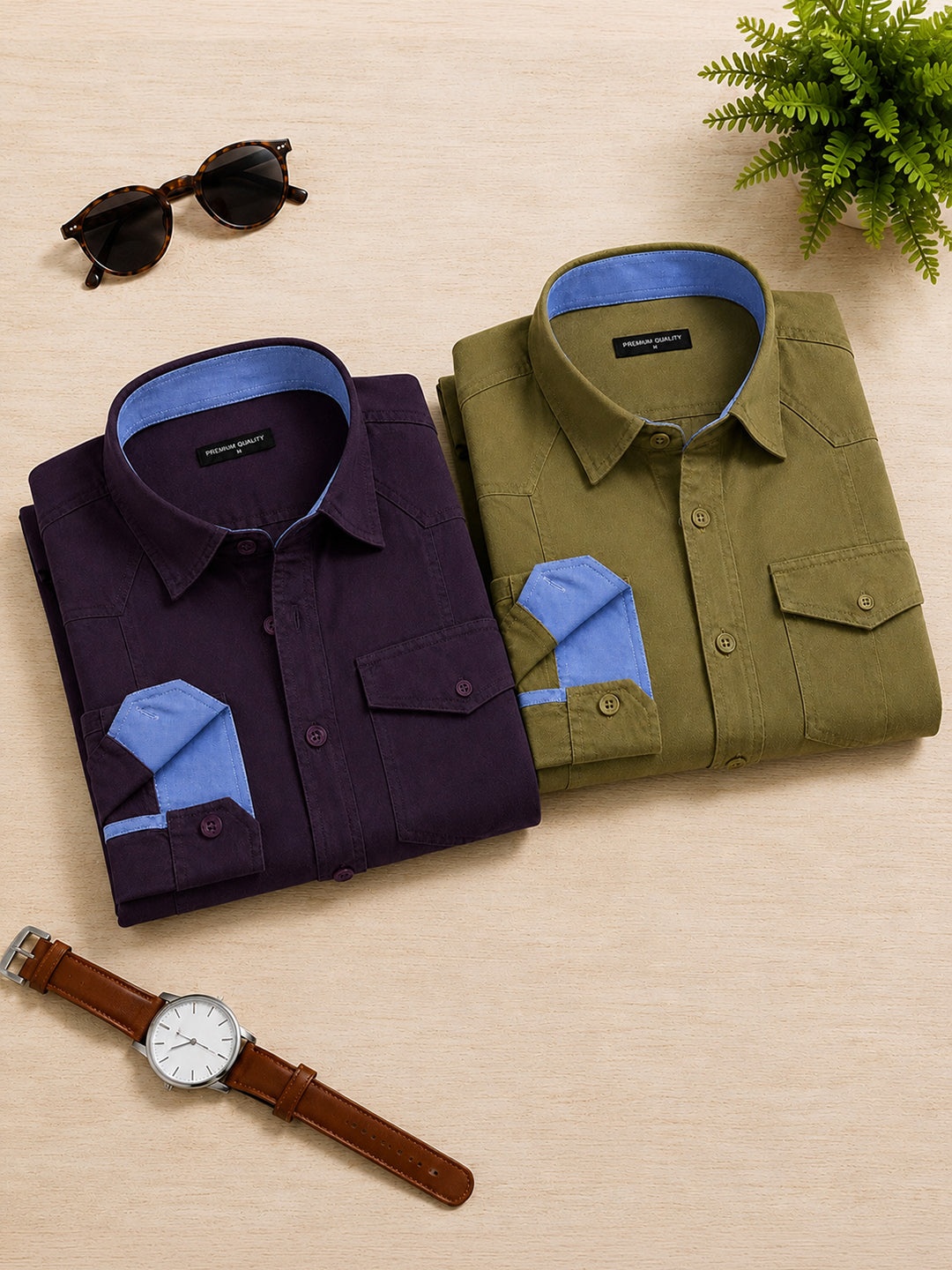 Pack Of 2 Cargo Style Wine & Olive Shirt